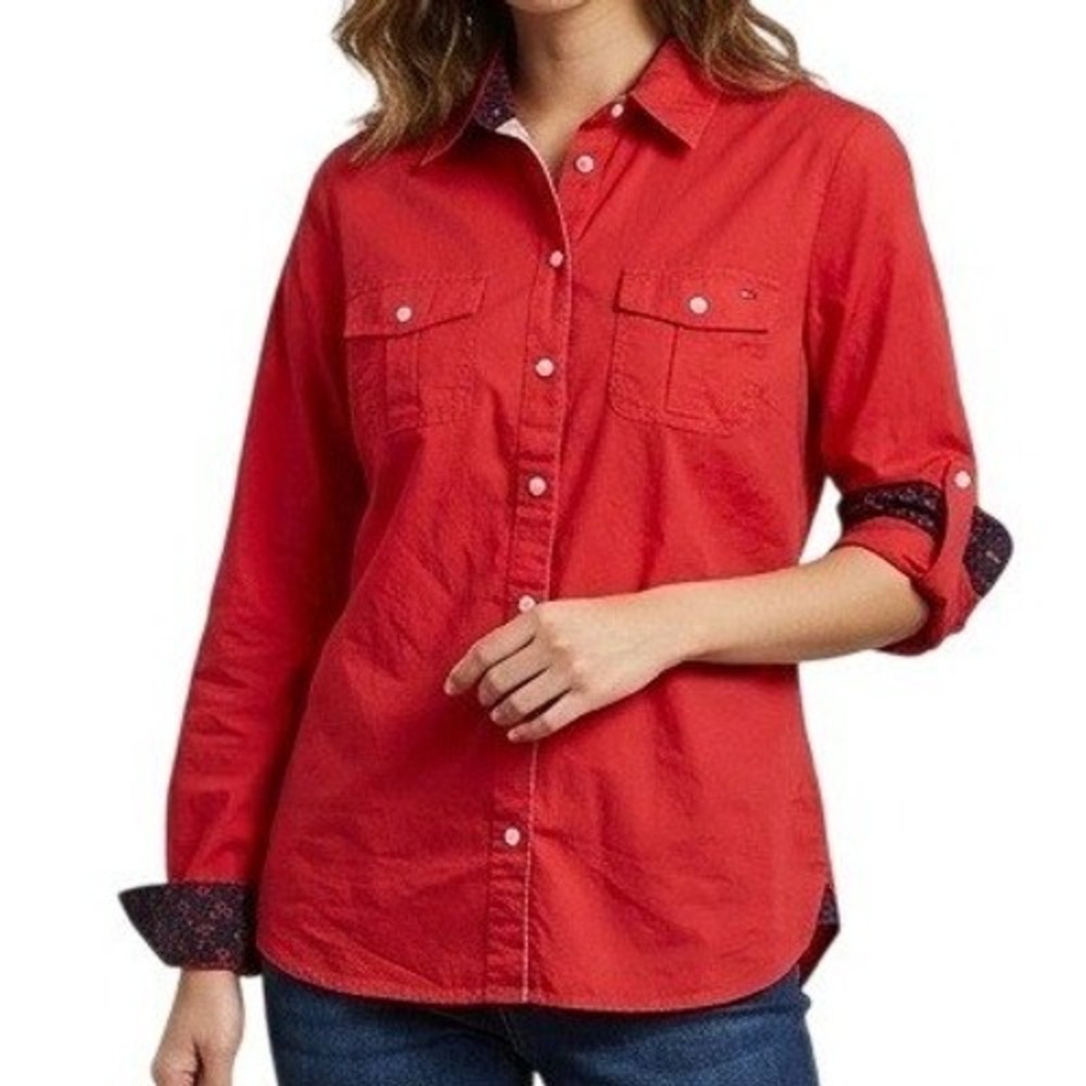 Tommy Hilfiger Women's Large Red Button Down Floral‎ Trim Roll Tab Sleeve Shirt